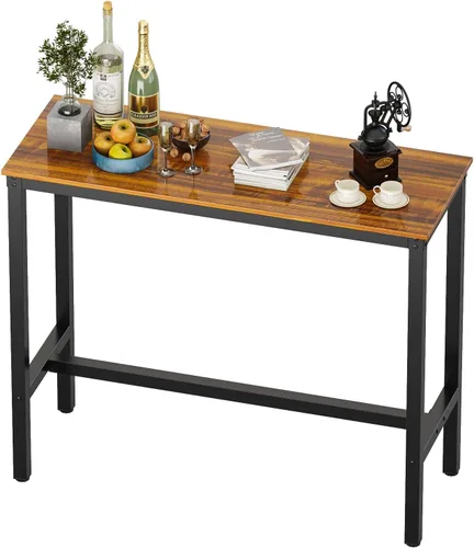 Miniatura 13 de Teraves Mesa de bar rectangular moderna, 39.37 x 17.71 x 39.37 pulgadas, parte superior de teca, base de metal negro, 4 plazas, uso en comedor y bar