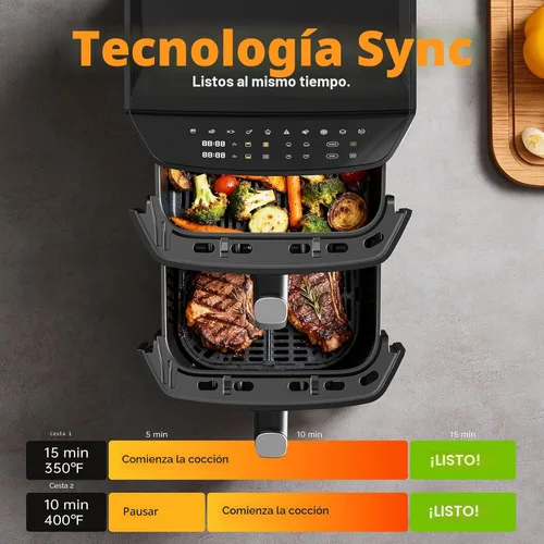 Miniatura 4 de Freidora de aire de doble cesta, 12.6QT de tamaño familiar para 10–12 personas, cesta XL para pollo entero de 6LB, diseño compacto DoubleStack