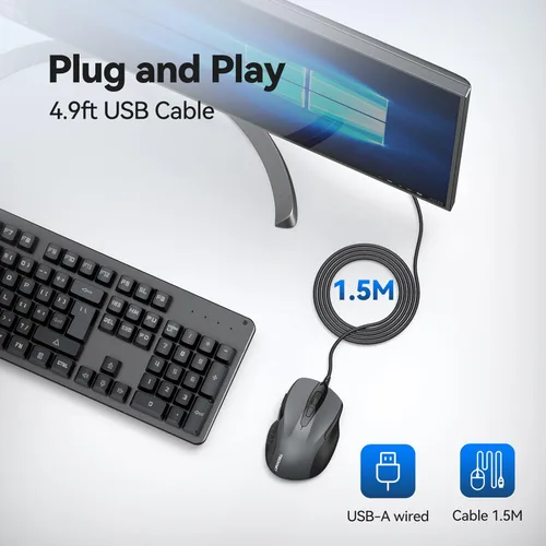 Miniatura 5 de Mouse óptico ergonómico USB alámbrico TeckNet Pro S2 para laptop, 6 botones, 2000DPI Gris