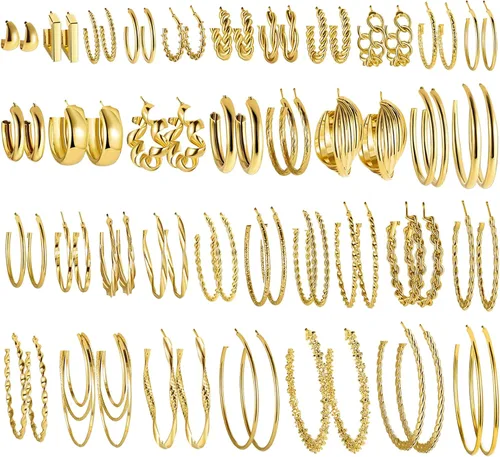 36 pares de aretes de aro dorados para mujeres y niñas, paquete múltiple de aretes de aro dorados gruesos, hipoalergénicos grandes y pequeños, juego