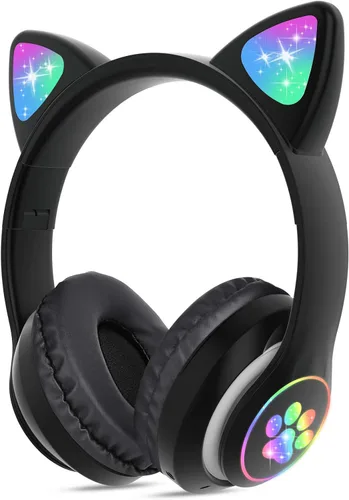 TCJJ Auriculares Bluetooth 6.0 con orejas de gato para niñas, luz LED, límite de volumen seguro de 85dB, auriculares plegables inalámbricos con