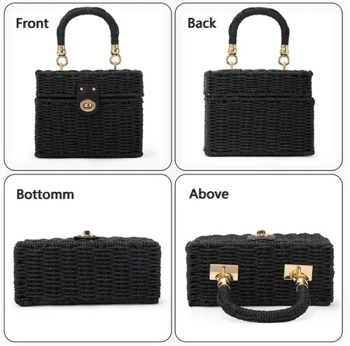 Miniatura 4 de Fecialy Bolso de mano de ratán tejido a mano para mujer, bolso de mano de paja para playa, bolso cruzado cuadrado bohemio