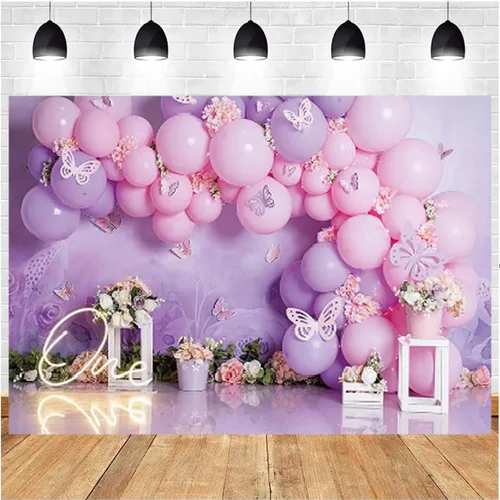 Miniatura 10 de Fondo de fotografía para fiesta de cumpleaños de niña, globos rosas y morados, mariposa, país de las maravillas, baby shower, flores, fondo