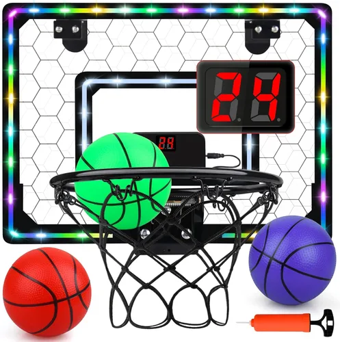 Aro de baloncesto para interiores, mini aro con luz LED / marcador, aro de baloncesto para puerta, juguetes de baloncesto, regalos para niños y