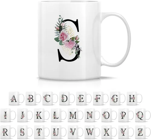 Miniatura 10 de Retreez Ramo botánico floral inicial A-Z con monograma, taza con monograma de cerámica de 11 onzas, regalo de agradecimiento de agradecimiento