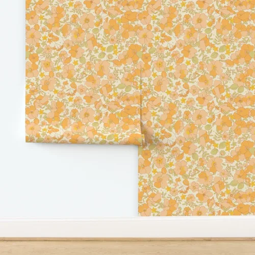 Miniatura 4 de Papel tapiz para despegar y pegar, diseño floral vintage de los años 70, flores amarillas melocotón, papel tapiz extraíble personalizado Spoonflower