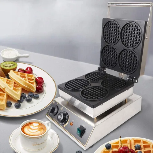 Miniatura 4 de Máquina de hacer gofres comercial de acero inoxidable de 1750 W, máquina de panadería redonda de 110 V, máquina eléctrica para hacer gofres de acero