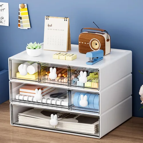 Marbrasse Organizador de escritorio con 6 cajones, cajones de almacenamiento apilables de 3 niveles, almacenamiento de maquillaje de plástico,