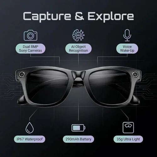Miniatura 6 de NEXLENZ Gafas Inteligentes con Cámara–8MP Foto y Video Manos Libres, Traducción en Vivo, Reconocimiento de IA con Retroalimentación de Voz, Audio