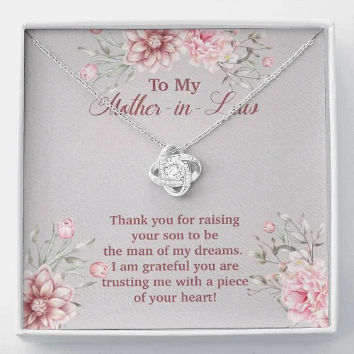 To My Mother in Law Thank You for Raising Your Son to Be the Man of My Dreams Love Knot Collar de joyería collar de regalo con tarjeta de mensaje y
