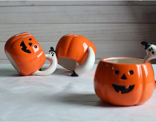 Miniatura 3 de ZaH Taza de cerámica con diseño de calabaza de Halloween, para fiesta de Halloween, con mango de calabaza, fantasma, naranja, 10 onzas (11.8 fl oz)