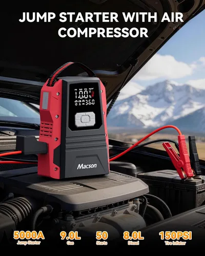 Miniatura 2 de Arrancador de salto de 5000 A con compresor de aire, batería portátil de 12 V para motores diésel de 9.0 L/8.0 L, arrancador de coche portátil