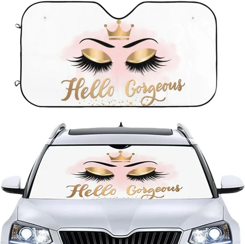 Parasol para el parabrisas delantero del automóvil con leyenda Hello Gorgeous, pestañas y corona dorada, bloquea los rayos UV en verano, es plegable