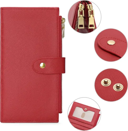 Miniatura 3 de GOIACII - Carteras para mujer de dos pliegues con bloqueo RFID y 2 bolsillos con cremallera, Rojo, M