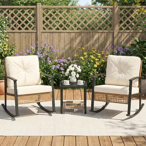 Miniatura 5 de COSIEST Juego de 3 sillas mecedoras para exteriores, muebles de patio de ratán con cojines gruesos y cálidos beige y mesa auxiliar de almacenamiento