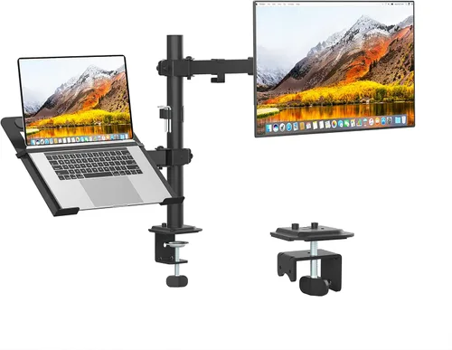 UPGRAVITY Soporte para monitor y portátil, brazo de monitor con bandeja ventilada para pantallas LCD de computadora de 13 a 27 pulgadas y portátiles