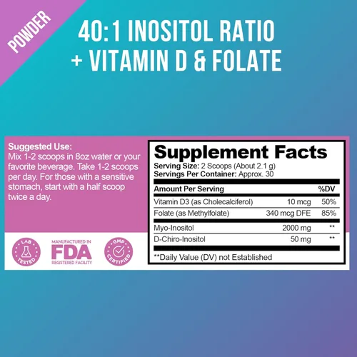 Miniatura 5 de Optify Paquete de suplemento de inositol - Mio-inositol, D-Chiro inositol, folato y vitamina D - Cápsula y polvo - Suministro para 60 días - Apoyo