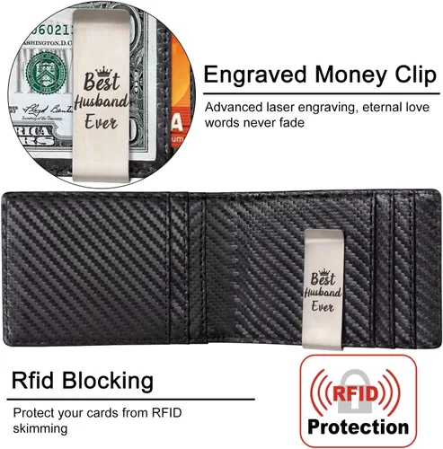 Miniatura 3 de kullder Billetera de fibra de carbono para hombres, cartera personalizada RFID delgada con clip de aluminio para dinero, soporte para tarjetas