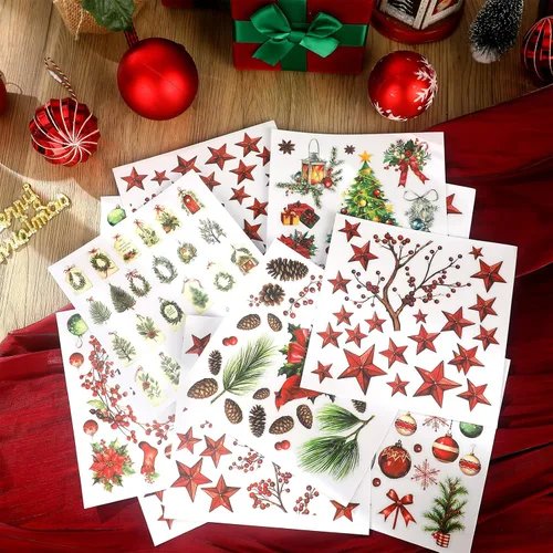 Miniatura 2 de SATINIOR 16 hojas de calcomanías de Navidad para manualidades y muebles, calcomanías de árbol de Navidad, muñeco de nieve, bayas rojas, calcomanías