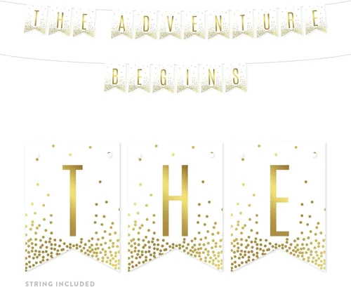 Andaz Press Decoraciones divertidas de pancarta con diseño de confeti dorado metálico sobre blanco para fiestas de jubilación, la aventura comienza,