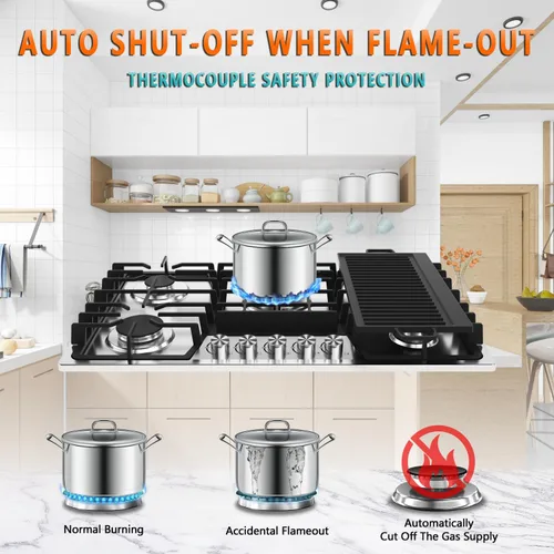 Miniatura 5 de Cocina de gas de 36 pulgadas con plancha, estufa de gas con 5, parrilla/plancha de hierro fundido reversible, convertible NG/GLP, con protección por