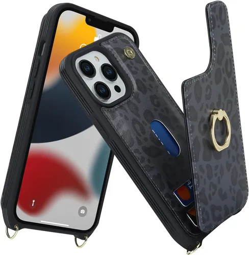 Miniatura 2 de Lipvina Funda para iPhone 13 Pro con tarjetero y correa para mujer, cordón cruzado, soporte de anillo con soporte, cierre a presión, bonitas fundas