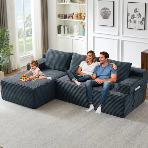 Miniatura 52 de Sofá seccional Cloud de 96 pulgadas, sofá deshuesado para sala de estar, sofá modular con asiento profundo, sofá de pana cómodo y esponjoso con Negro