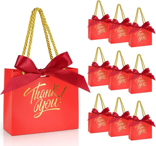 Miniatura 7 de EQOREIIN Paquete de 30 bolsas pequeñas de regalo de agradecimiento con asas 5.5 x 2.4 x 4.7 pulgadas, mini bolsas de regalo marrones con lazo