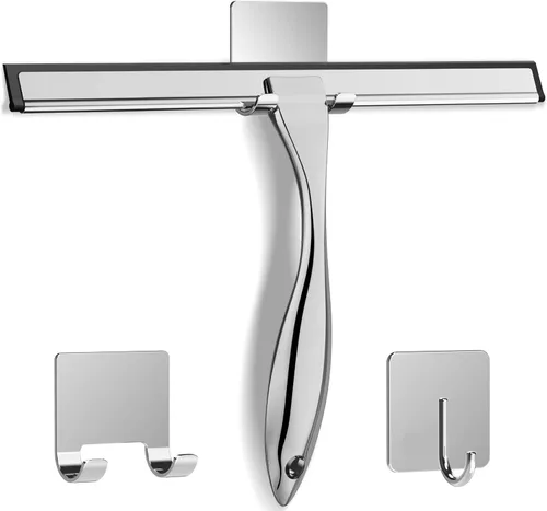 Miniatura 9 de Escobilla de ducha multiusos de acero inoxidable para puertas de ducha con 2 ganchos adhesivos, herramienta de limpieza de baño, escobilla de espejo