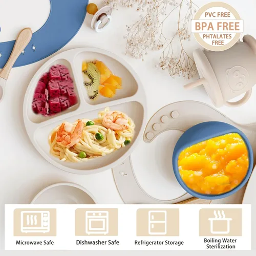 Miniatura 3 de Juego de Alimentación de Silicona para Bebés Suministros de Destete Dirigido por el Bebé Incluye Tazones con Ventosa y Platos Divididos, Babero