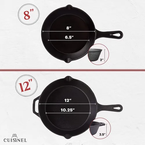 Miniatura 4 de Cuisinel Juego de sartenes de hierro fundido, sartén de 8 pulgadas + 12 pulgadas + tapas de vidrio, utensilios de cocina pre-sazonados, soportes