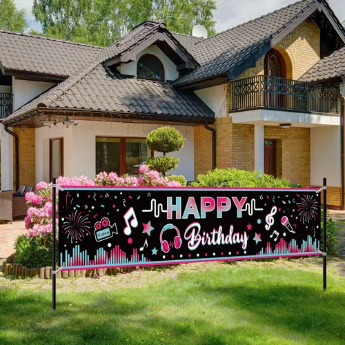 Cartel de feliz cumpleaños de 71 x 16 pulgadas, decoración grande de tela para fiesta musical, telón de fondo, telón de fondo para cabina de fotos,