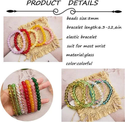 Miniatura 3 de FINZOR 28 pulseras elásticas de cuentas de 0.315in hechas a mano redondas de cristal para mujeres, pulseras de cuentas elásticas multicolor