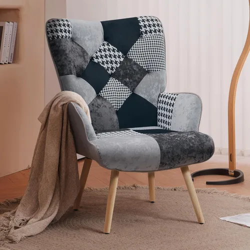 Miniatura 10 de Joysoul Silla decorativa para sala de estar, sillón moderno con respaldo alto, silla de tela de retazos bohemios, silla de lectura tapizada colorida