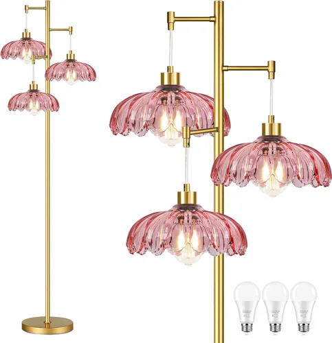 Miniatura 15 de Lámparas de pie doradas para sala de estar lámpara de pie vintage con forma de L de vidrio y tres bombillas led, lámpara de pie verde de latón