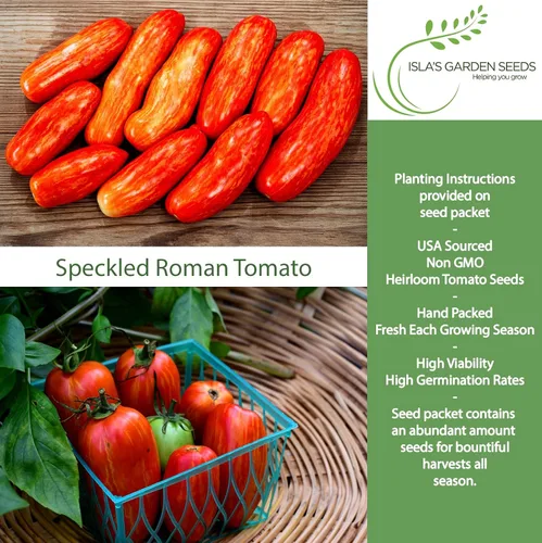 Miniatura 2 de Semillas de tomate romano moteadas (Lycopersicon lycopersicum) – Más de 100 semillas tradicionales sin OMG de Isla's Garden Seeds, pasta a rayas