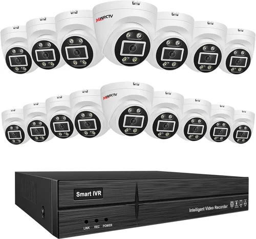 MWRCTV Sistema de cámara de seguridad PoE 4K, cámaras PoE domo con cable de 16 x 8MP para seguridad del hogar, lente gran angular de 0.110 in, luz