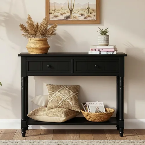 Miniatura 3 de P PURLOVE Mesa de consola Aparador Mesa de sofá de madera con 2 cajones y estante inferior (negro)