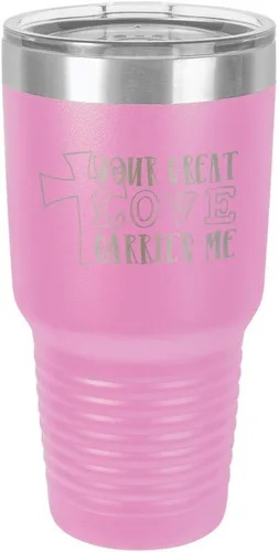 Miniatura 20 de Taza de viaje de acero con recubrimiento de polvo grabado con láser, con grabado de 30 oz con texto en inglés "Your Love Carries" y texto "Mis