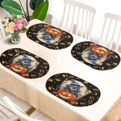 Miniatura 4 de Pumpkin Placemats Oval Placemats Set of 2 Black Cat Table Mats for Dining Tables Washable Heat Resistant Place Mats for Holiday Party Use 12X18 Inch