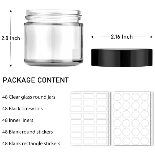 Miniatura 4 de Bumobum - Recipientes de vidrio pequeños de 2 onzas con tapas, paquete de 48 tarros de crema transparentes con tapas, etiquetas blancas