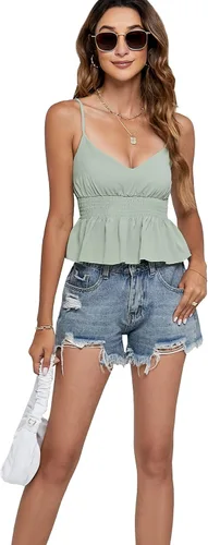 Miniatura 6 de LYANER Camiseta corta con cuello en V y cintura elástica plisada con volantes y dobladillo sin mangas