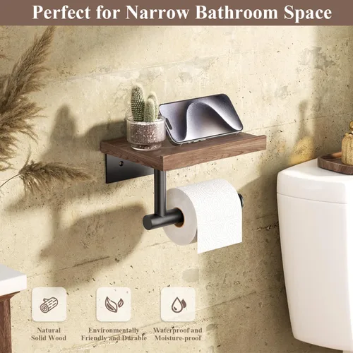 Miniatura 2 de Tindbea Portarrollos de papel higiénico con estante de madera, soporte de rollo de papel higiénico de madera para montaje en pared, accesorios