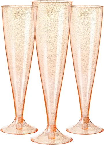 Homy Feel Paquete de 30 copas de vino de plástico oro rosa con purpurina, copas de champán de 5 onzas desechables para fiestas, copas de champán de