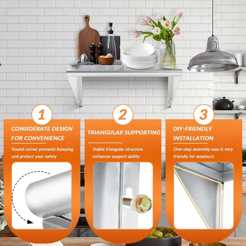 Miniatura 4 de Estante comercial de acero inoxidable de 12 x 24 pulgadas, paquete de 2 estantes de almacenamiento de alimentos montados en la pared, estante