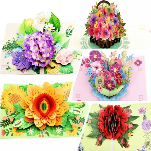Paquete de 5 tarjetas emergentes de flores, tarjetas de felicitación 3D, surtido para mujeres u hombres en todas las ocasiones, aniversario, día de