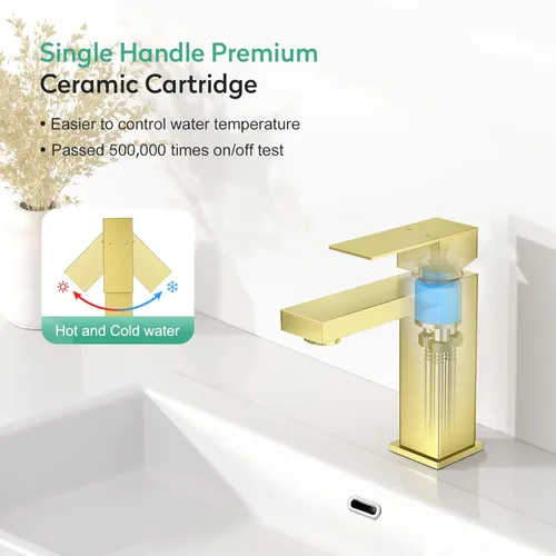 Miniatura 3 de Faustina Grifo de baño de oro cepillado, grifo de un orificio con una sola manija con drenaje emergente Dorado