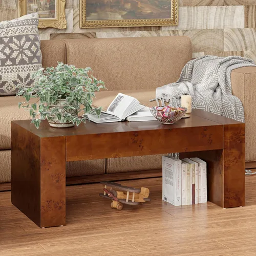 Miniatura 6 de COZAYH Modern Burl Finish Coffee Table, Wood Block Center Table with Thick Legs, Minimalist Rectangular Cocktail Table for Living Room, Dark Brown