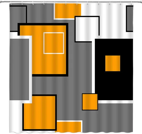 Miniatura 9 de Cortina de ducha moderna geométrica azul gris negro abstracto geométrico de mediados de siglo, moderno juego de decoración de baño con ganchos
