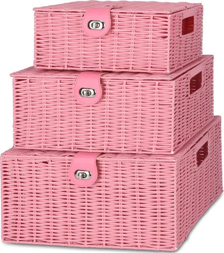 Miniatura 12 de Honygebia - Canastas de almacenamiento de mimbre negro - Juego de 3 cajas decorativas anidadas con tapas, canasta tejida con cerradura y asa